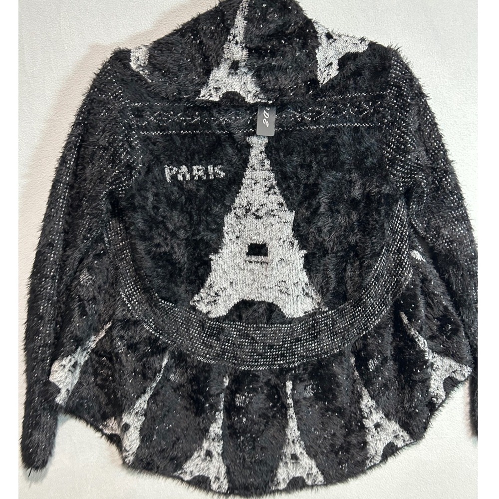 Women Black Gray Paris Eiffel Tower Cardigan Open Front